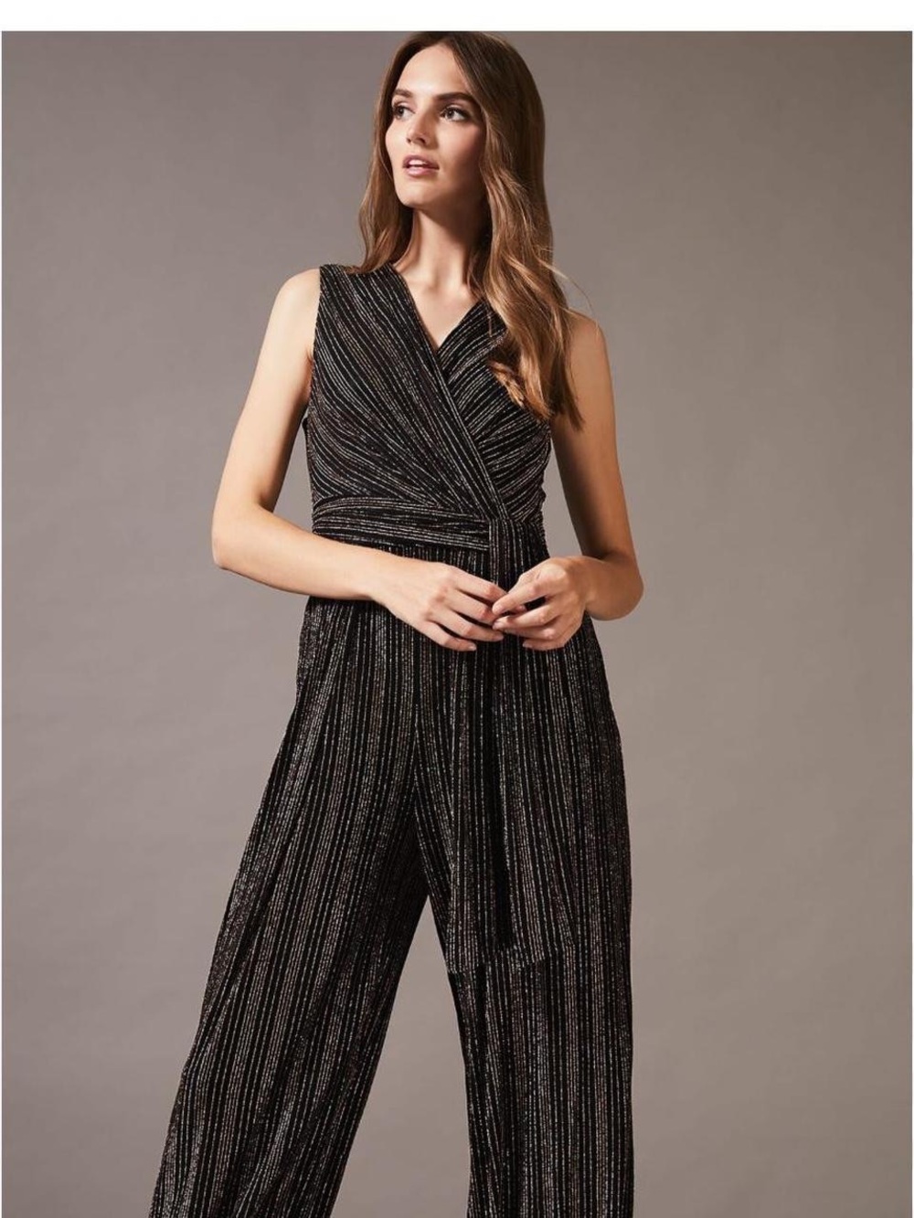 torrid Black Metallic-Striped Sleeveless Wrap Jumpsuit